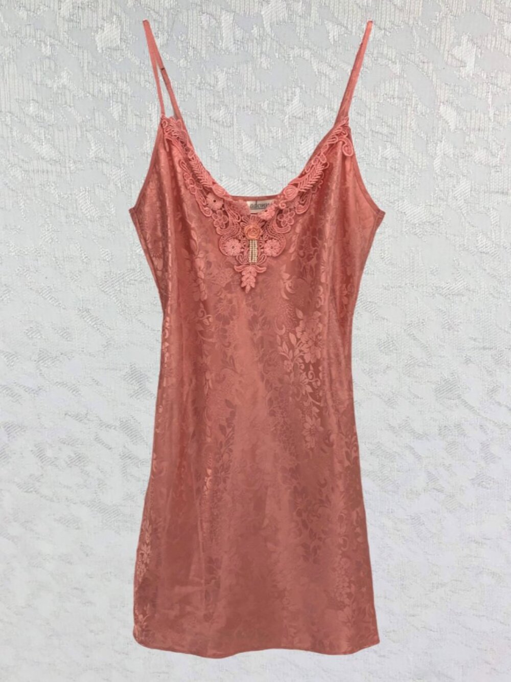 Adonna Peach Chemise with Rosette, Pearl Strands, & Crocheted Trim Size Small